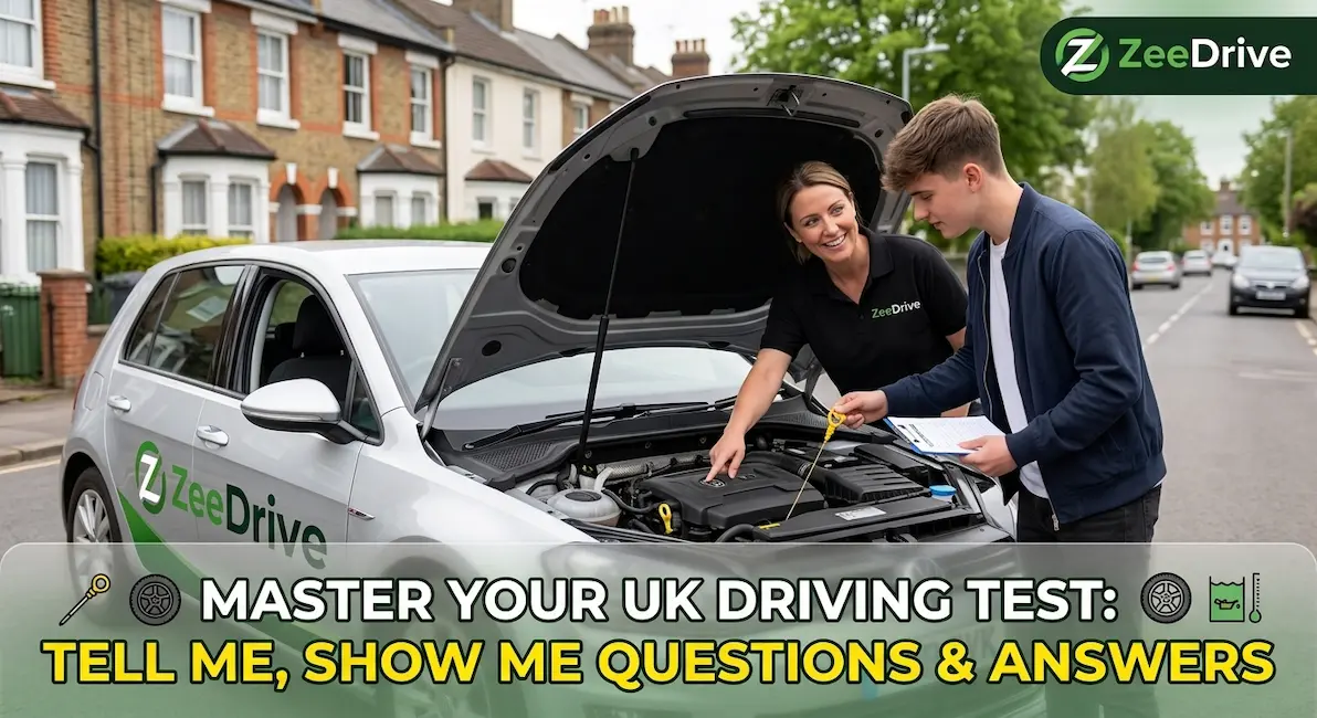 DVSA 'Tell Me Show Me' vehicle safety questions being explained by a driving instructor to a student at an open car bonnet.